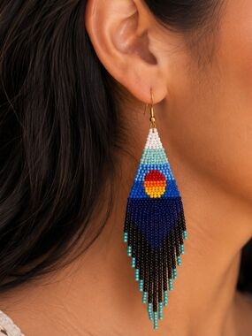 Handmade Blue Seed Beaded Fringe Sunset Earrings New